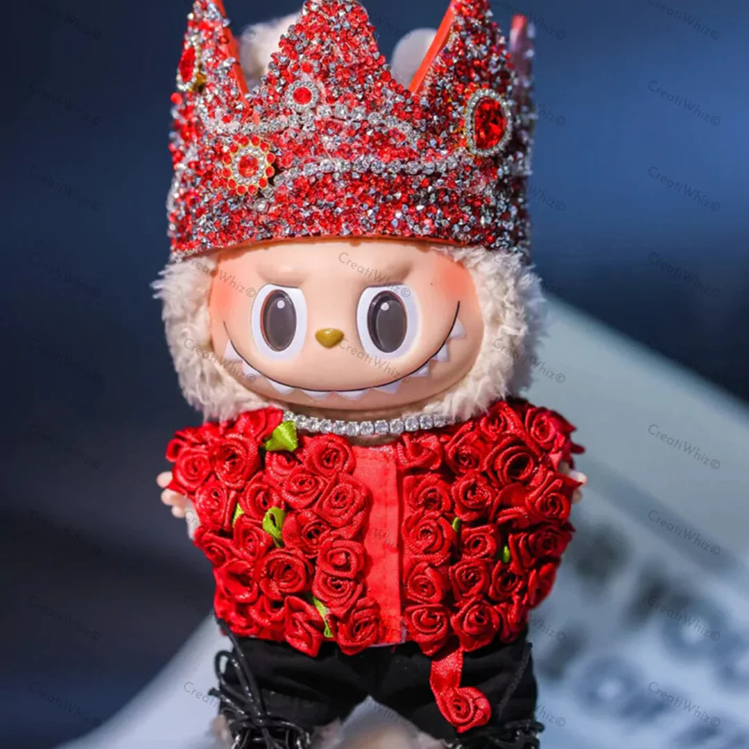 Crown Outfit on 17cm plush doll: red and black outfit with textured details, rhinestone-encrusted red crown.