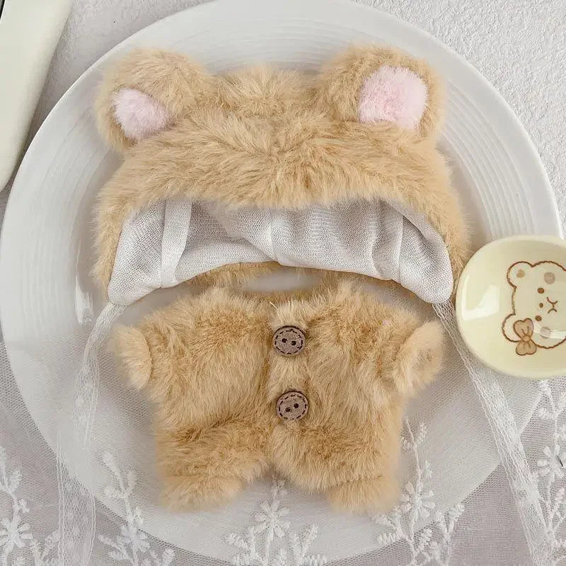 Handmade tan sherpa bear hoodie outfit for Labubu - with bear ears and polka-dot ribbon