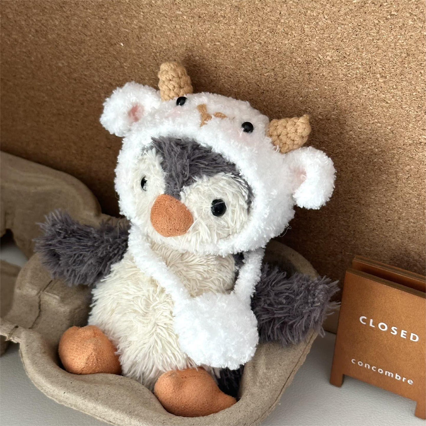 Handmade white sherpa goat hat hood for Jellycat Penguin - with brown knit horns