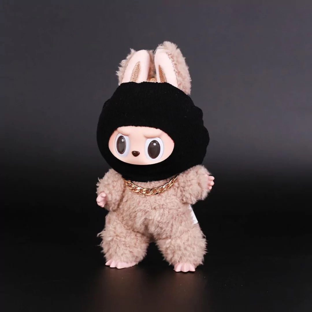 Handmade black hood streetwear outfit for Labubu - gold chain necklace