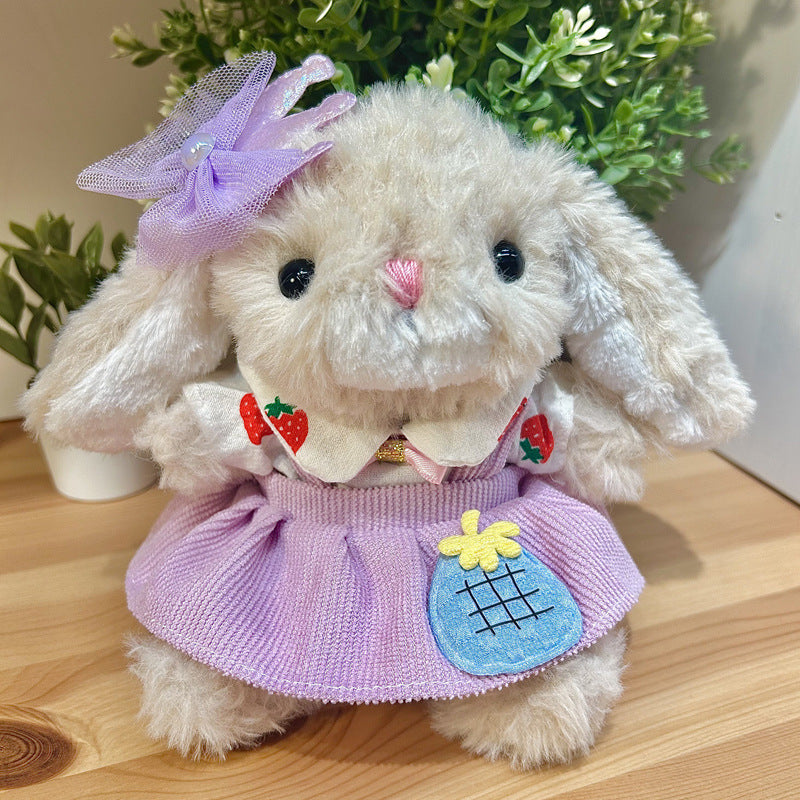 Strawberry Purple Dress on 31cm plush rabbit: lavender knit dress with embroidered pocket detail, strawberry-print peter p...