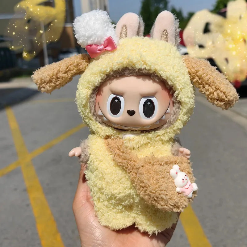 Puppy Hoodie Outfit on 17cm plush doll: yellow puppy hoodie onesie with floppy ears and pompom, miniature piglet charm acc...