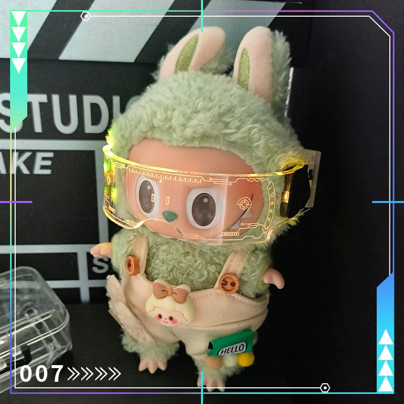 Mini cyberpunk iridescent visor glasses for Labubu doll - holographic LED effect