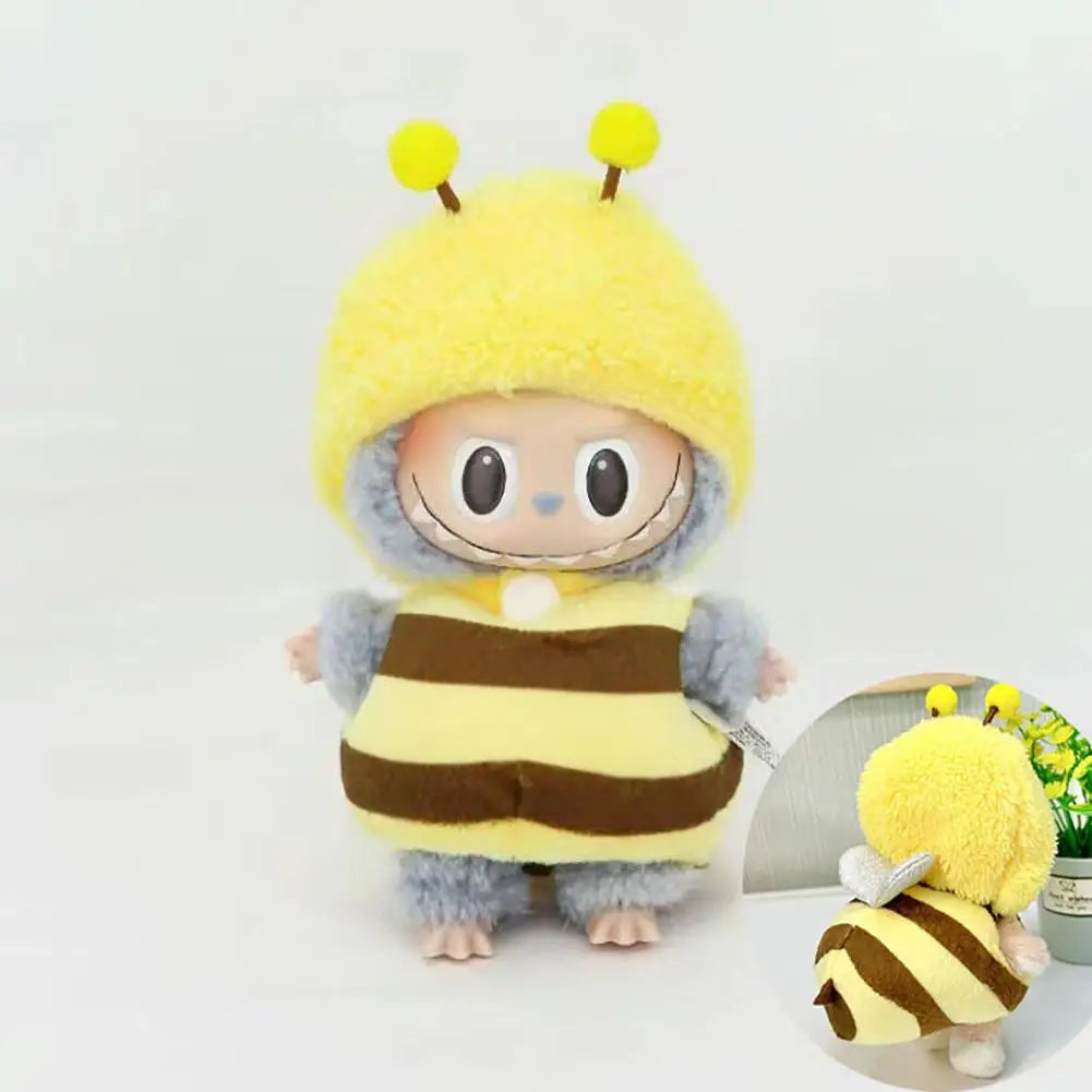 Bumblebee Costume on 17cm plush doll: yellow and brown striped bumblebee bodysuit, fuzzy yellow hood with pom-pom antennae.