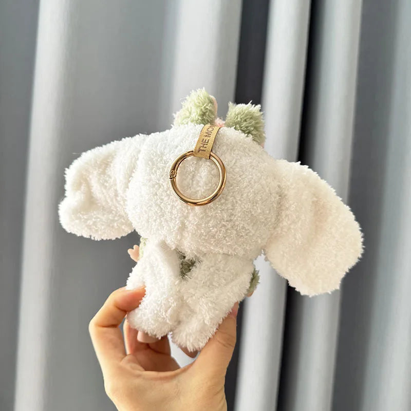 Handmade white fluffy bunny costume for Labubu - floppy pink ears with sparkly heart details
