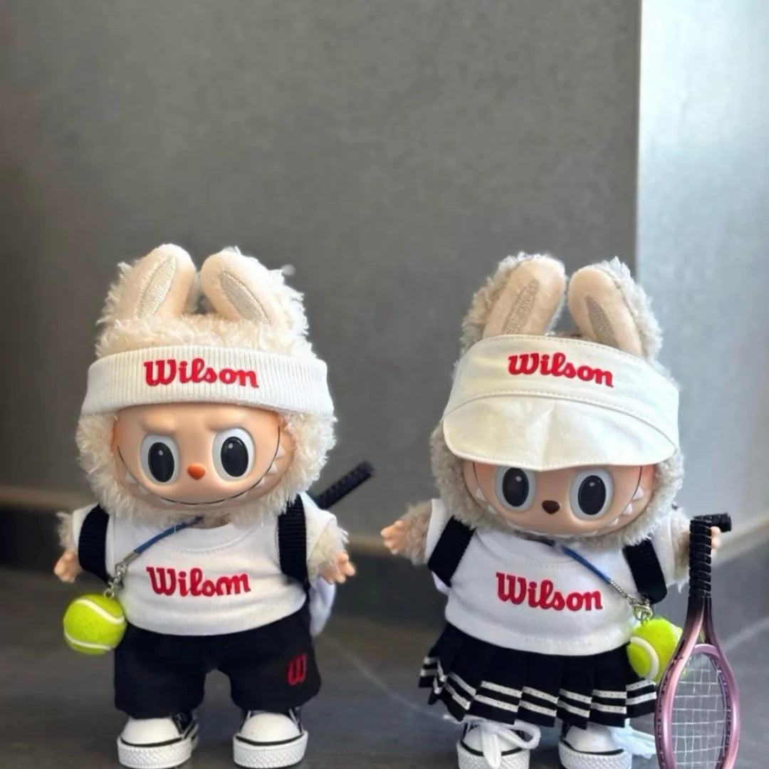 Handmade white tennis player outfit for Labubu - sporty visor backpack and tennis ball accessories