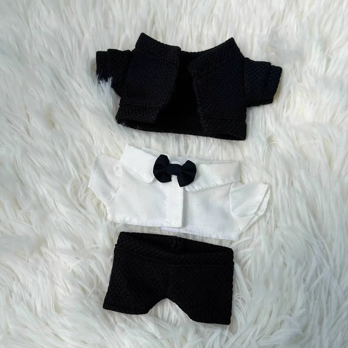 Wedding Tuxedo on 17cm plush doll: white dress shirt with black bow tie, black textured blazer.