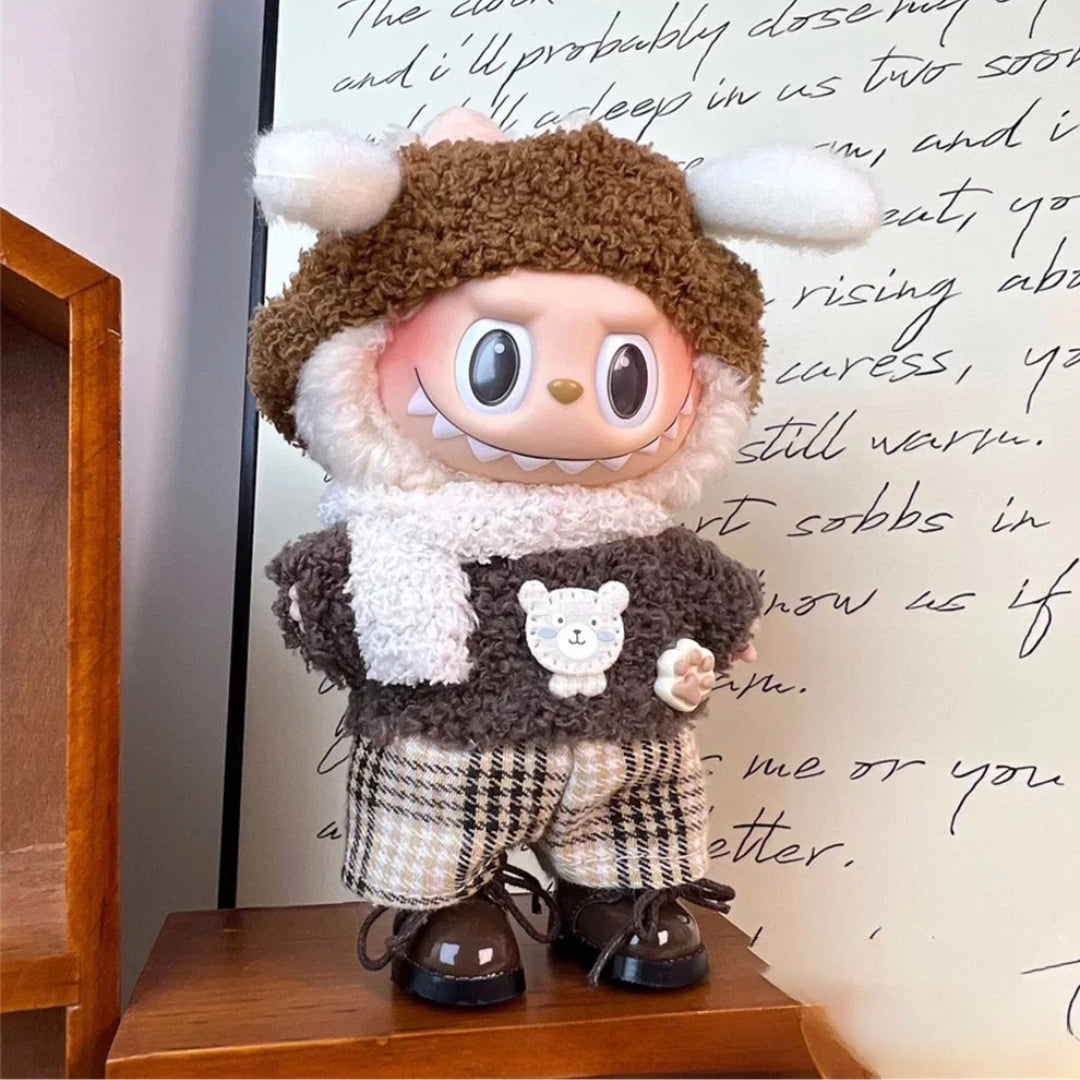 Bear Fuzzy Sweater on 17cm plush doll: brown curly fleece sweater with bear face detail, brown and cream plaid check trous...