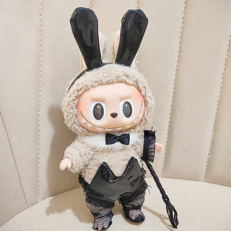 Handmade black bunny girl accessory set for Labubu - flat lay with ears and corset