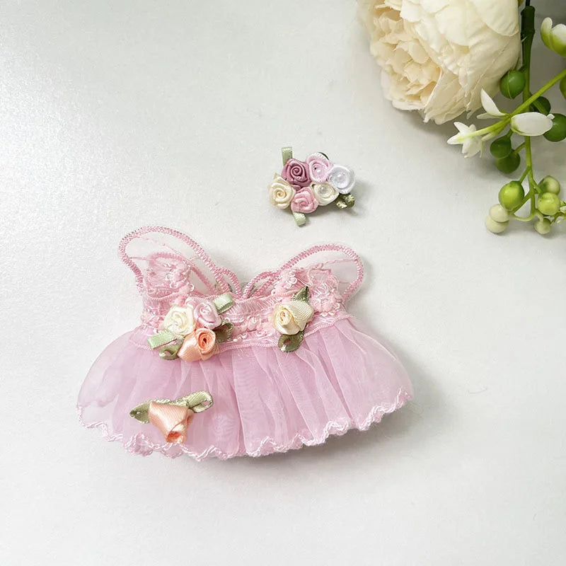 Pink Floral Princess Dress on 17cm plush doll: pink tulle princess dress with lace bodice, handmade satin rosette embellis...