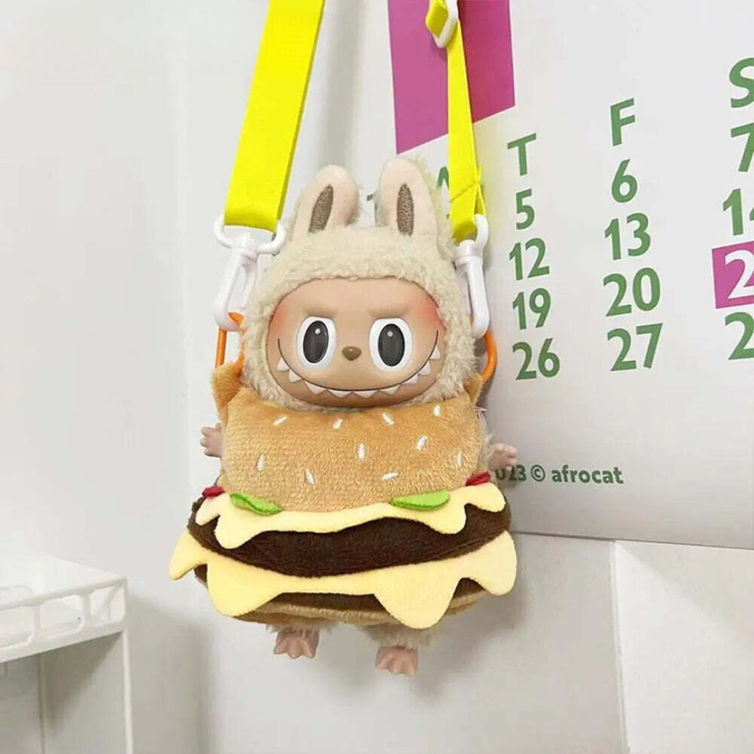Burger Costume on 17cm plush doll: burger costume with sesame seed top bun, layered lettuce, cheese, and patty details.