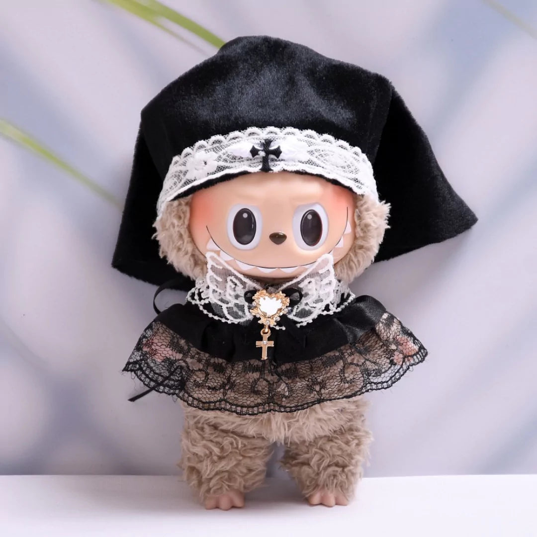 Gothic Nun-Inspired Outfit on 17cm plush doll: black velvet nun veil with white lace trim and cross embroidery, black lace...