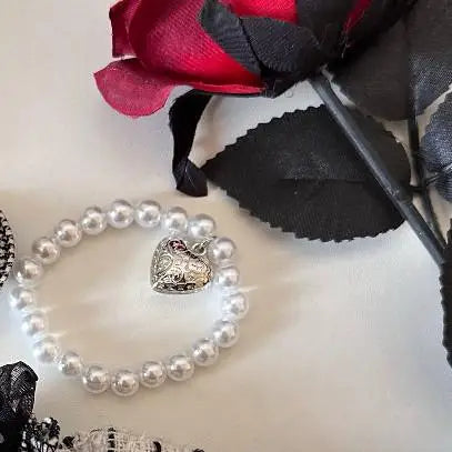 Heart Pearl Necklace on 17cm plush doll: mini pearl strand necklace with silver heart locket pendant, dressing up any outf...