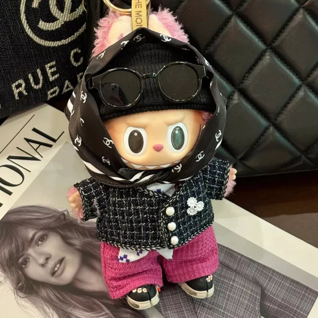 Black Tweed Jacket Outfit on 17cm plush doll: black tweed jacket with white accent buttons, hot pink knit pants.