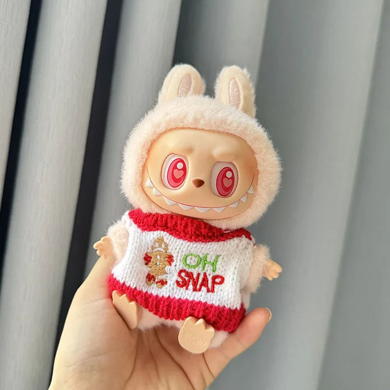 Handmade red and green holiday knit sweater outfit for Labubu - gingerbread Oh Snap design