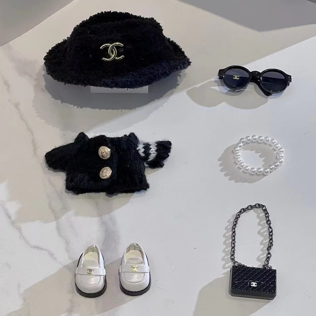 Handmade Luxury-Inspired Black Fuzzy Bucket Hat & Knit Cardigan Outfit