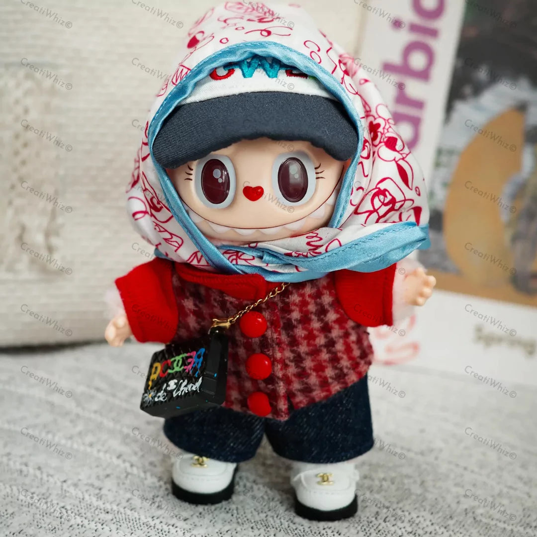 Cardigan Streetwear Outfit on 17cm plush doll: red cardigan jacket with gold button details, printed red and white bandana...
