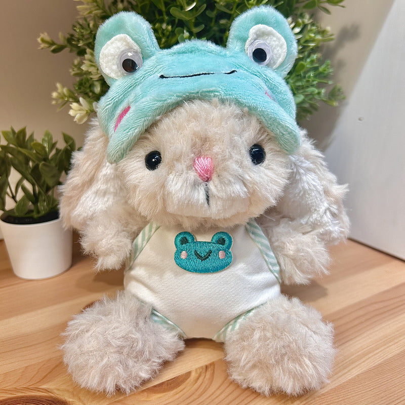 Frog Hood Accessory on 31cm plush rabbit: mint green soft fabric frog hood with protruding embroidered eye details, white...