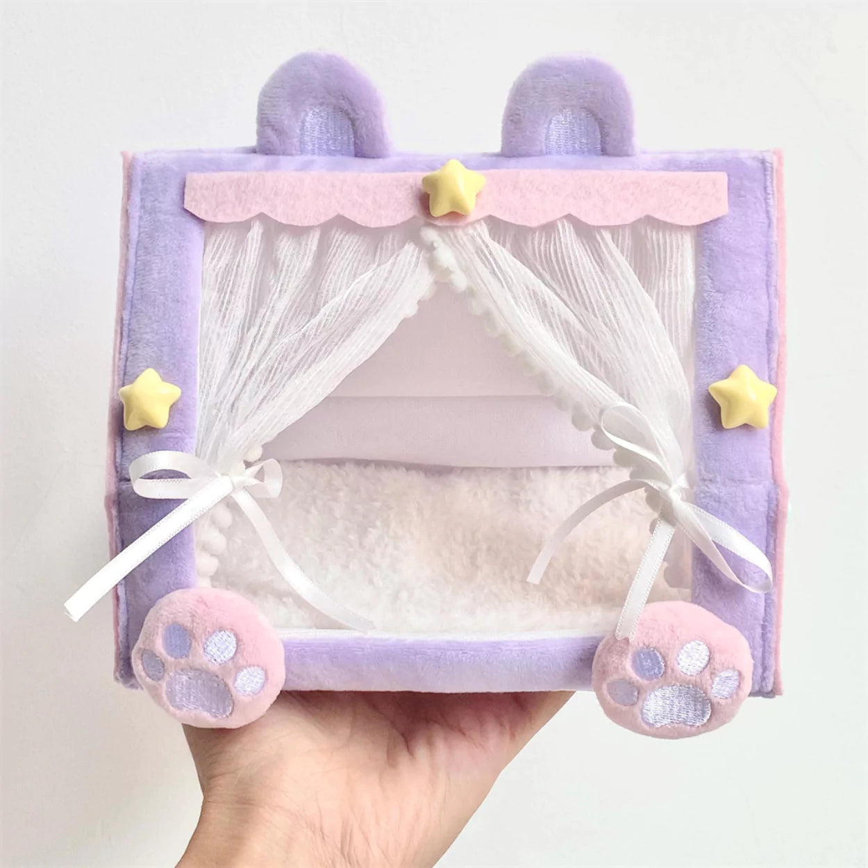 Handmade pastel pink and lavender plush dollhouse for Labubu - soft fabric cottage with pom-pom details