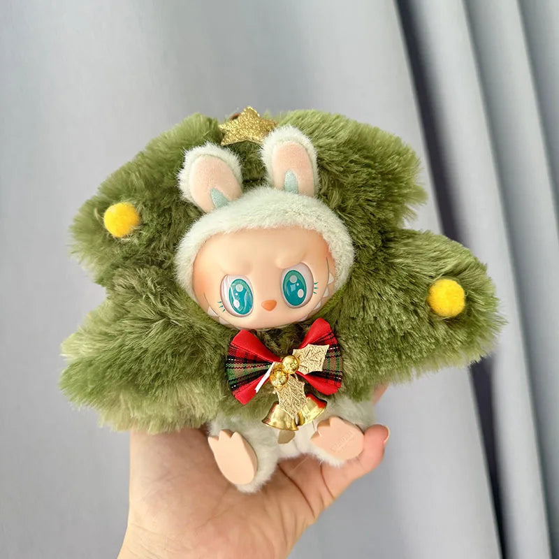 Christmas Tree Costume on 17cm plush doll: full-body green faux-fur christmas tree cape/wrap with layered texture, gold me...