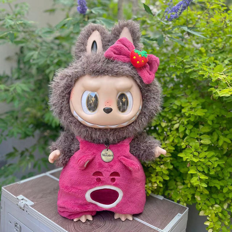 Strawberry Bear Outfit on 58cm plush doll: hot pink plush bear-inspired bodysuit with velvety texture, bear face belly des...