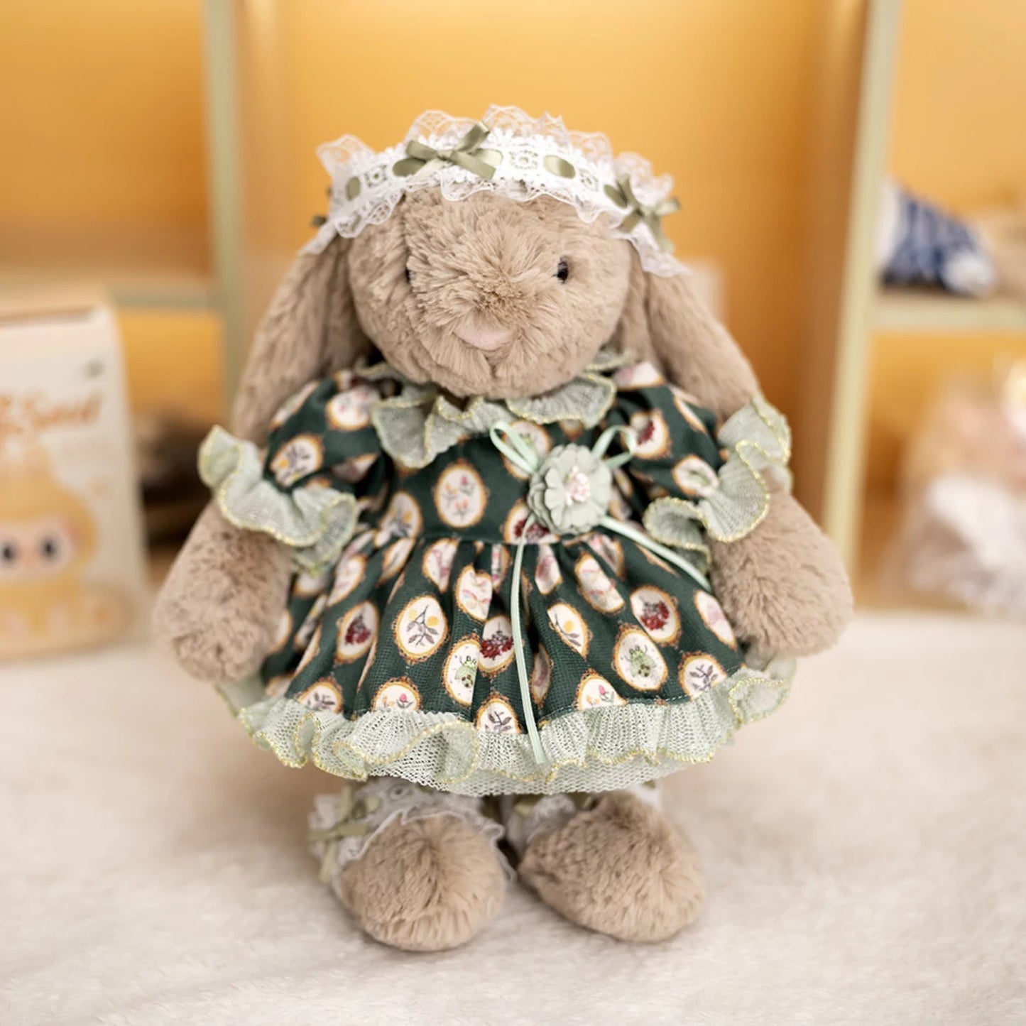 Floral Lace Dress on 31cm plush rabbit: dark green floral medallion print dress with cameo-like motifs, sage green lace tr...