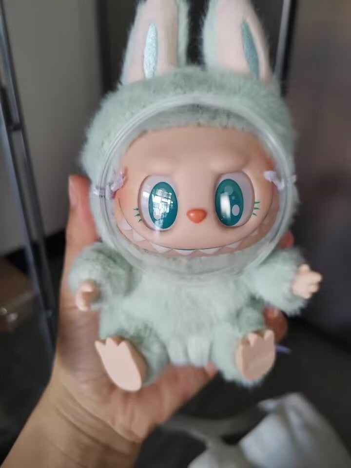 Clear protective face cover for Labubu doll - transparent shield showing doll face