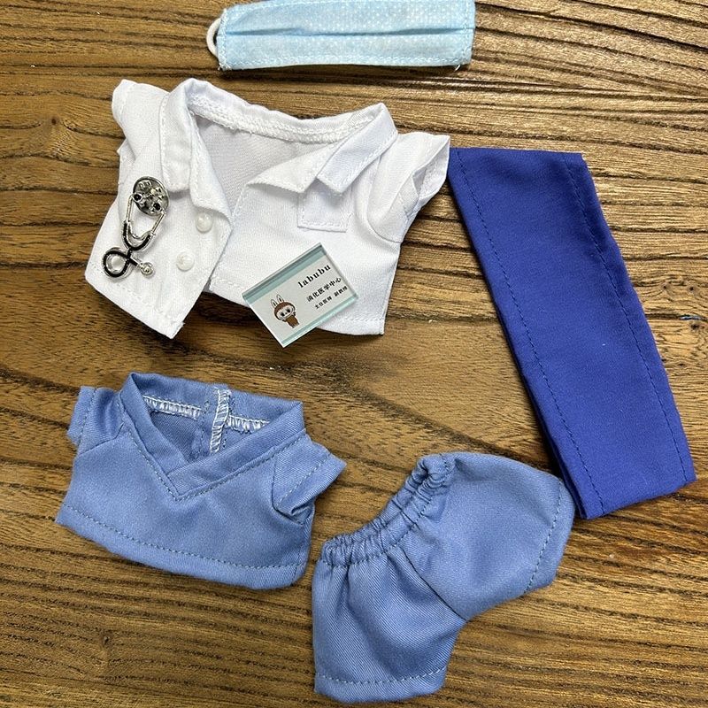 Handmade teal and white medical doctor outfit for Labubu - six-piece scrubs set with stethoscope