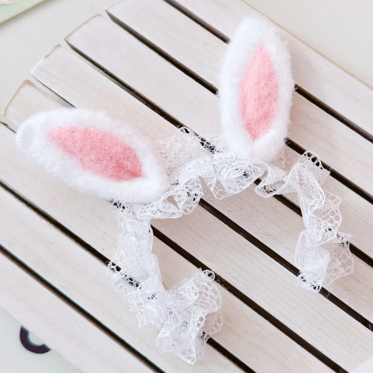 White Bunny Ears Headband on 17cm plush doll: white bunny ears headband with lace ruffle trim, easter and spring-themed di...