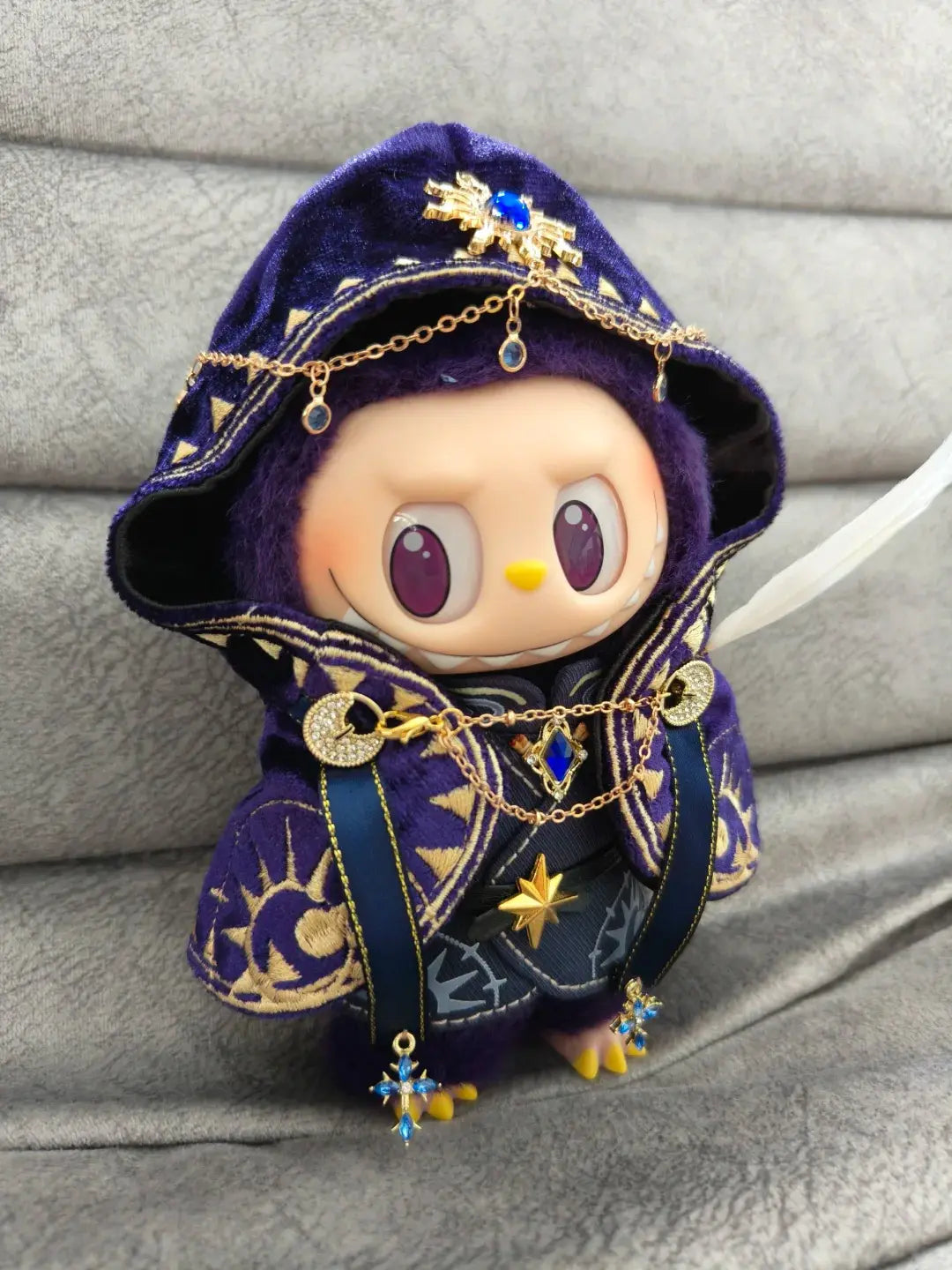 Dark Stargazer Robe on 17cm plush doll: deep purple velvet hooded robe with gold celestial embroidery, gold chain and char...