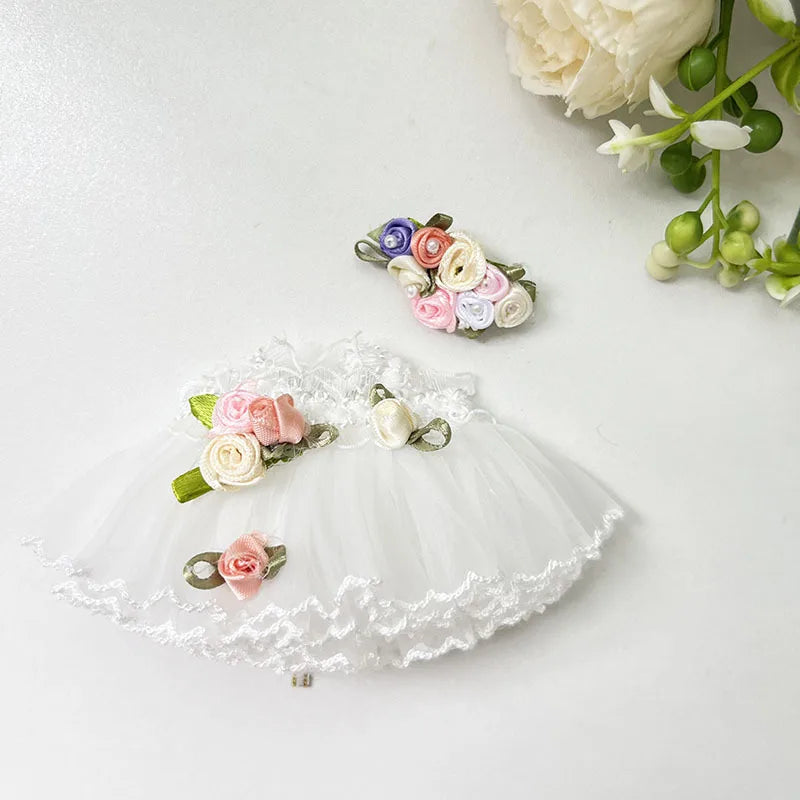 Floral Tulle Dress on 17cm plush doll: white tulle princess dress with lace hem and satin rosette accents, matching floral...