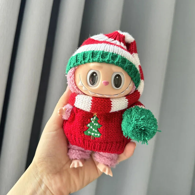 Christmas Tree Knit Outfit on 17cm plush doll: red knit sweater with embroidered christmas tree design, red, white, and gr...