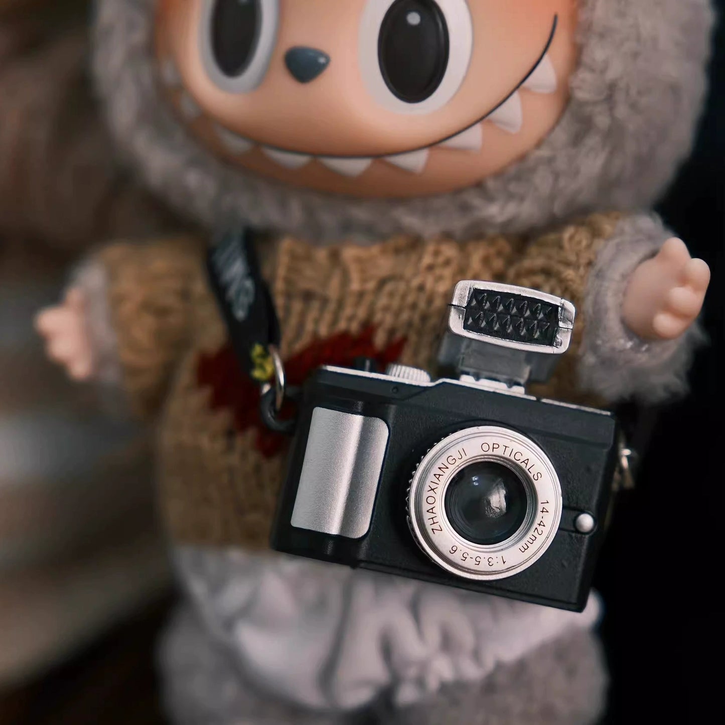 Mini retro camera accessory for Labubu doll - silver body with SMILE strap
