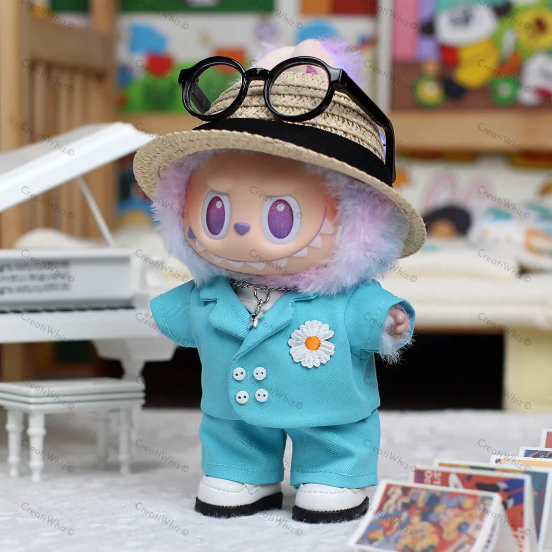 Aqua Suit Outfit on 17cm plush doll: aqua blue blazer with white buttons and daisy pin, matching aqua blue trousers.