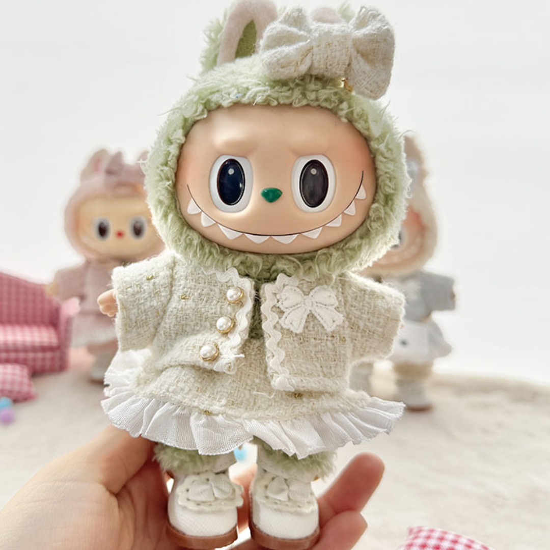 Mint Green Tweed Outfit on 17cm plush doll: mint green and cream bouclé tweed jacket with pearl buttons and satin bow deta...