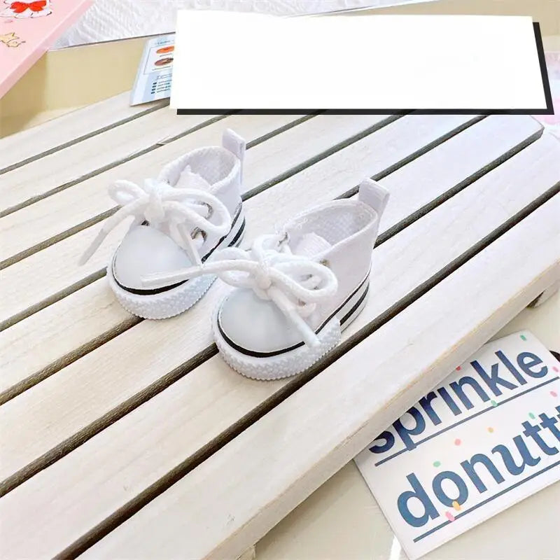 White Canvas Sneakers on 17cm plush doll: pair of handmade mini white canvas high-top sneakers with functional laces, comp...