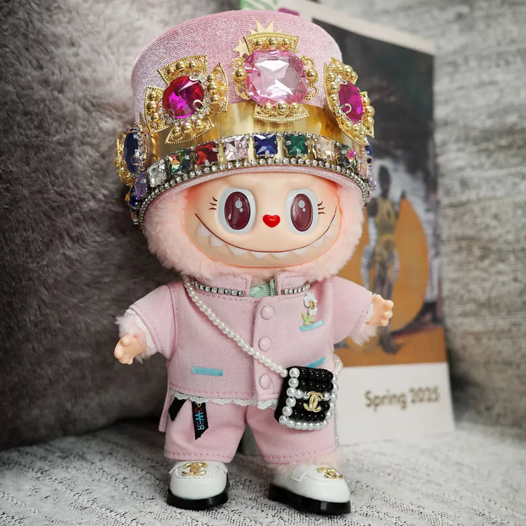 Pink Royal Crown Outfit on 17cm plush doll: pastel pink tailored blazer with lapel details, matching pink trousers.