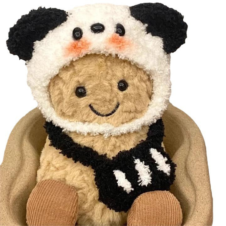 Panda Hood Outfit on 15cm plush doll: black and white sherpa panda hood with round, standing ears, hand-embroidered panda...