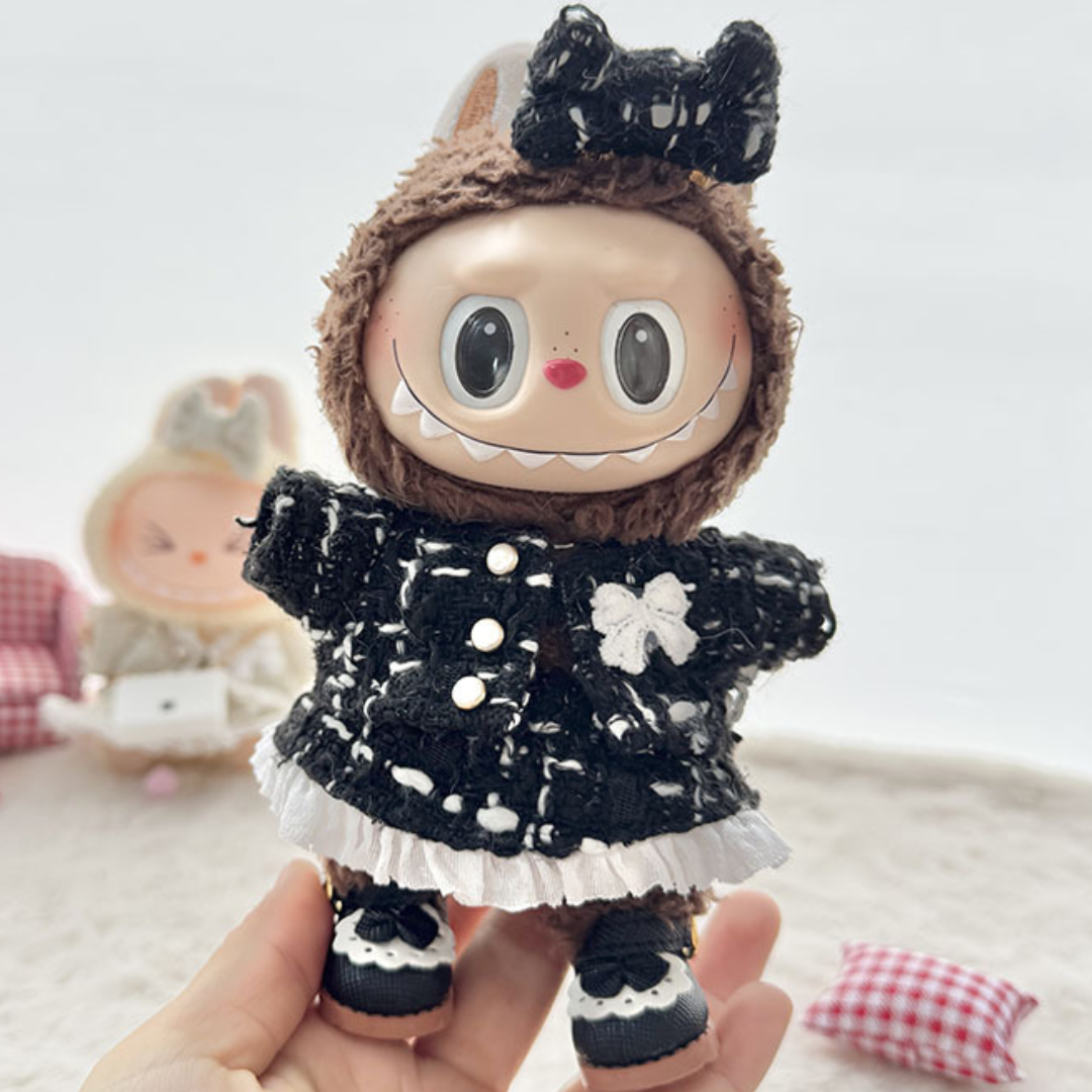Black Tweed Jacket on 17cm plush doll: black tweed jacket with white floral appliqués and pearl buttons, white lace-trimme...