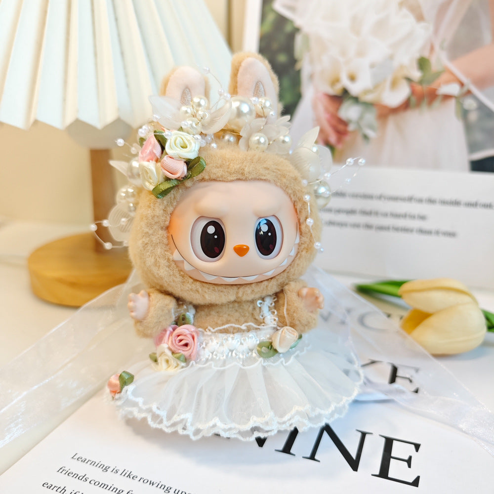 Lace Wedding Dress on 17cm plush doll: white lace-layered wedding dress, floral crown headpiece with roses, pearls, and le...