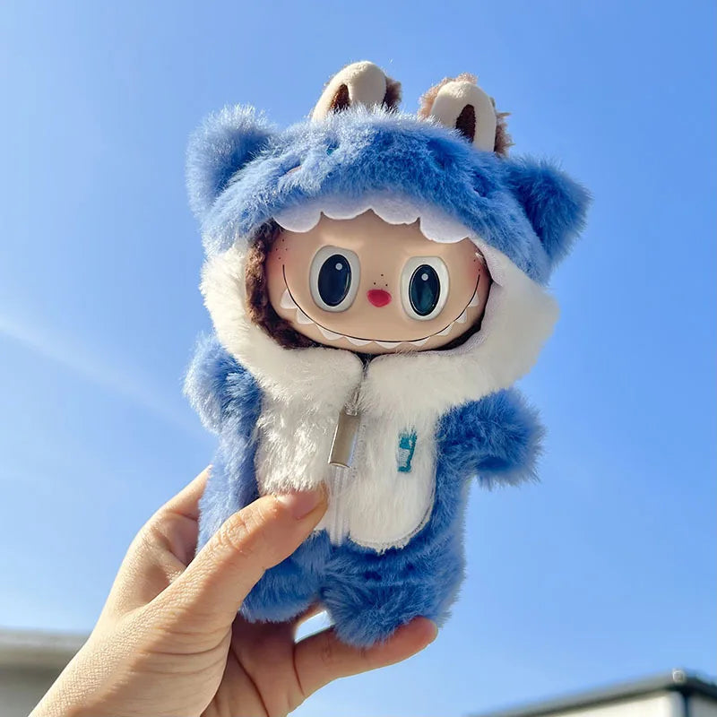 Fuzzy Monster Accessory on 17cm plush doll: blue fuzzy monster hooded onesie with front zipper, built-in white chest panel...