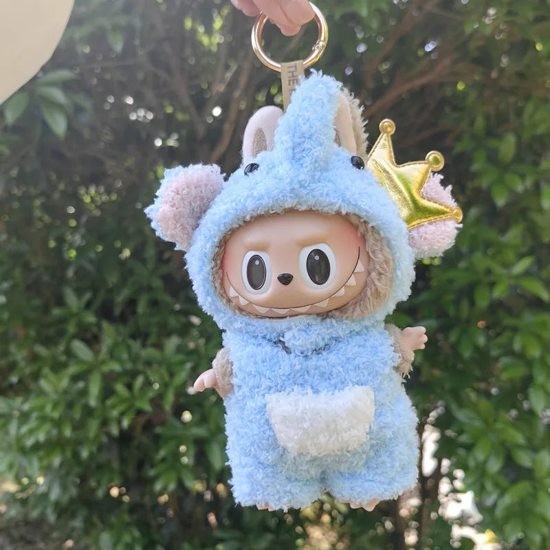 Elephant King Costume on 17cm plush doll: blue plush elephant full-body onesie, gold crown accessory.