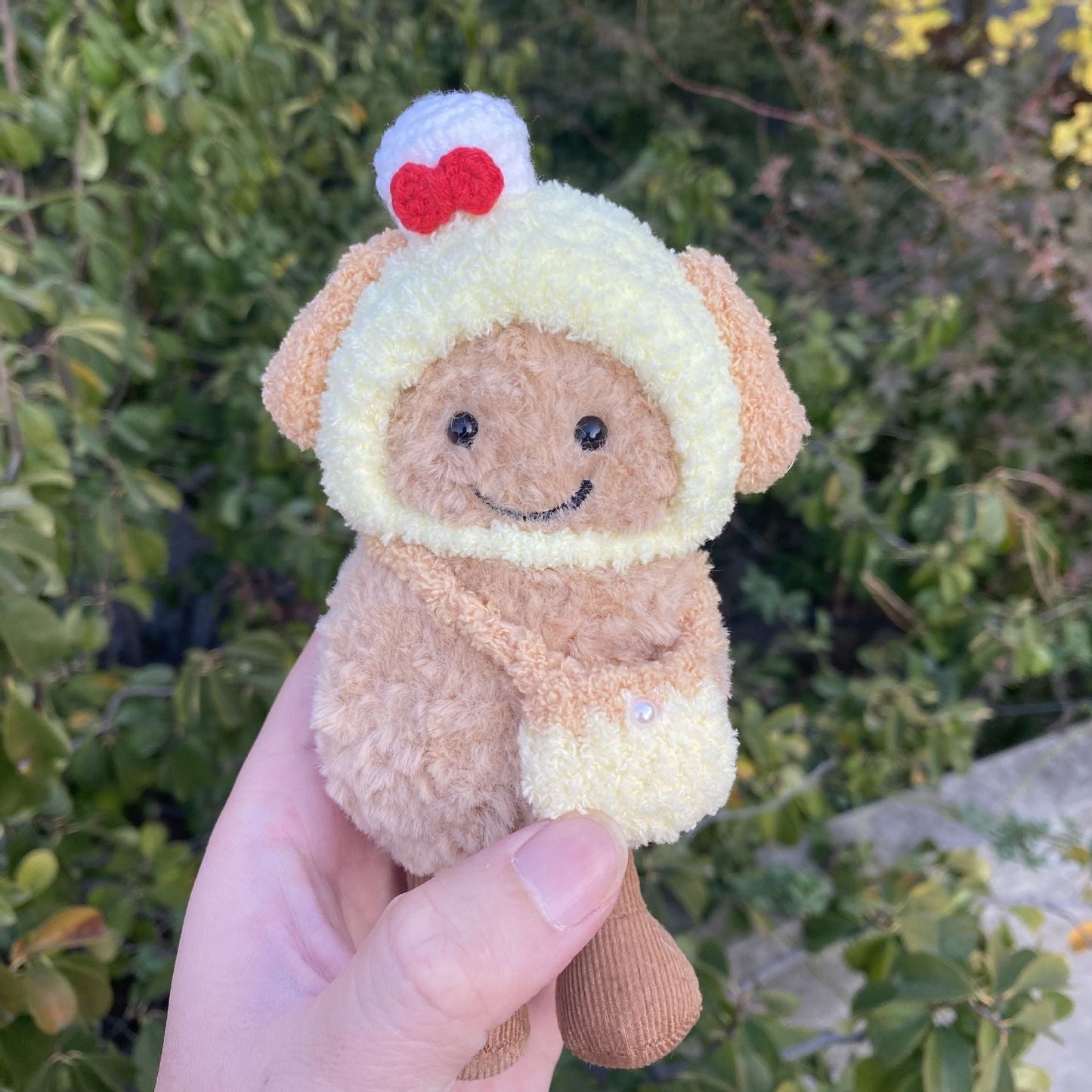 Sunny Chick Scarf on 15cm plush doll: fluffy yellow chick-themed hood/hat with red heart accent, matching wrap-style scarf...