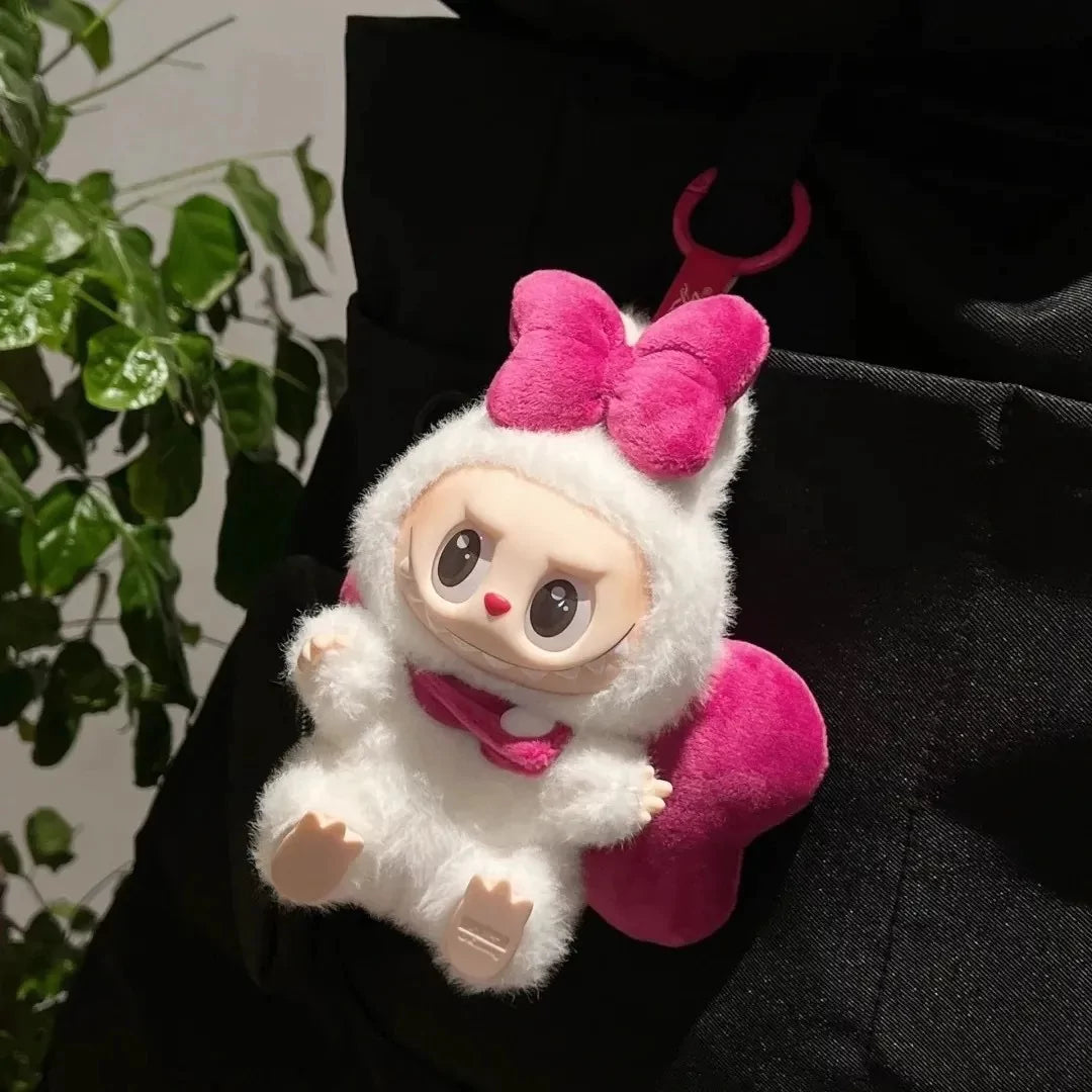 Handmade magenta and white puff ribbon plush costume for Labubu - oversized bow