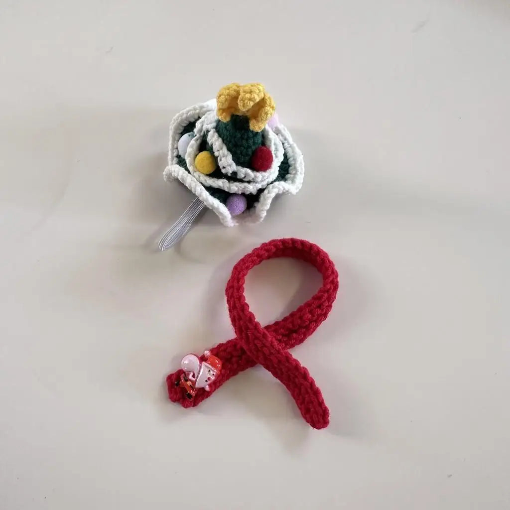 Handmade crochet Christmas tree hat and red scarf set for Labubu - colorful pom-pom ornaments