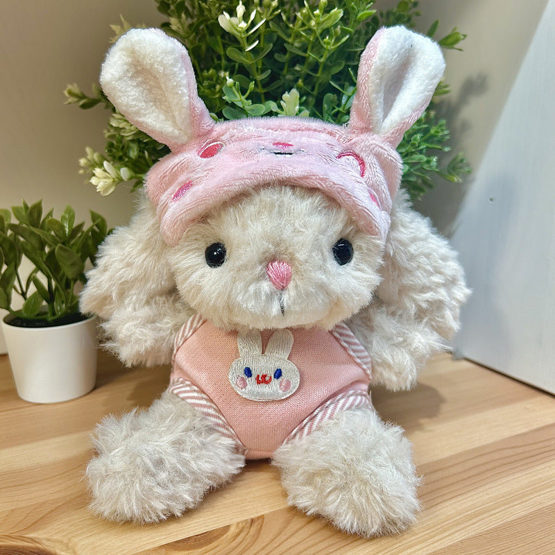 Pink Bunny Hood Romper on 31cm plush rabbit: pink hooded top with embroidered standing bunny ears, strawberry and heart pr...