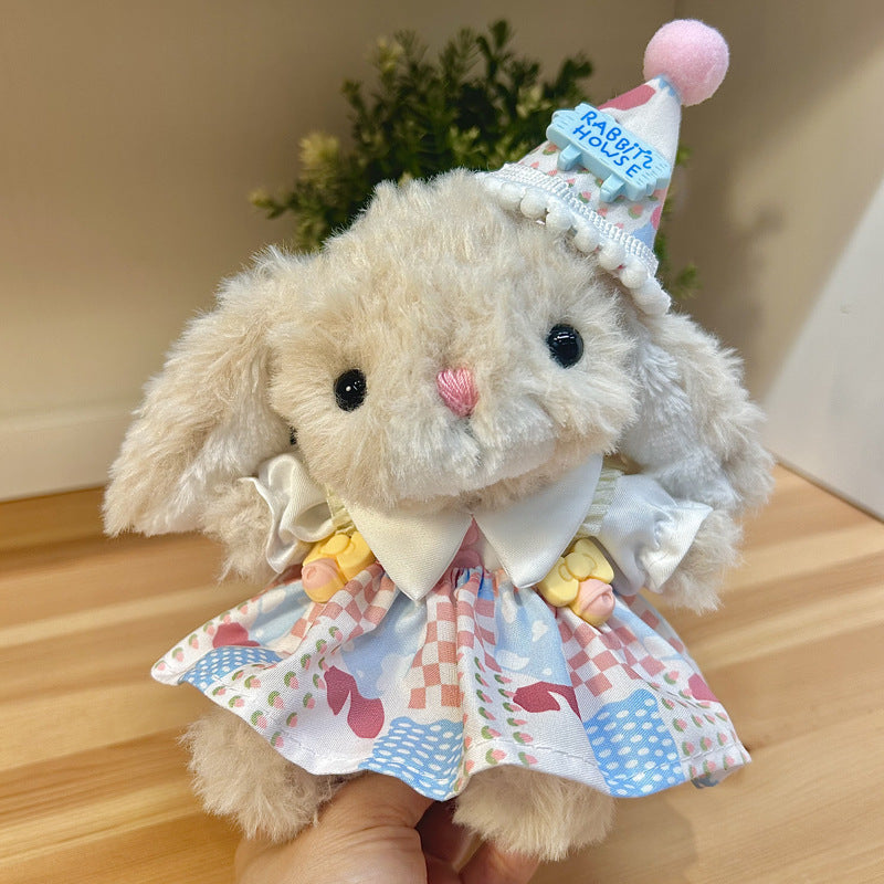 Party Dress on 31cm plush rabbit: pastel patterned party dress with white peter pan collar and yellow bow accent, colorful...