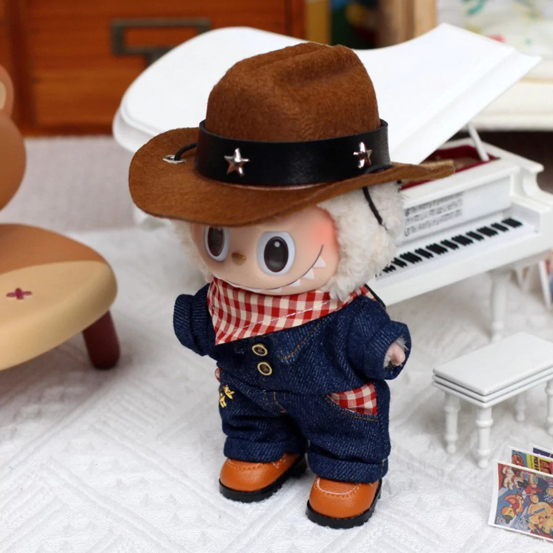 Wild West Outfit on 17cm plush doll: brown suede cowboy hat with black band and silver star studs, red and white gingham b...
