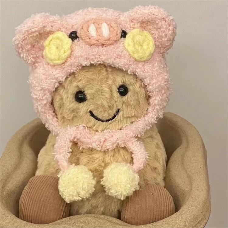 Piggy Hoodie Outfit on 15cm plush doll: pink sherpa/bouclé piggy hood with structured rounded ears, hand-embroidered pig s...