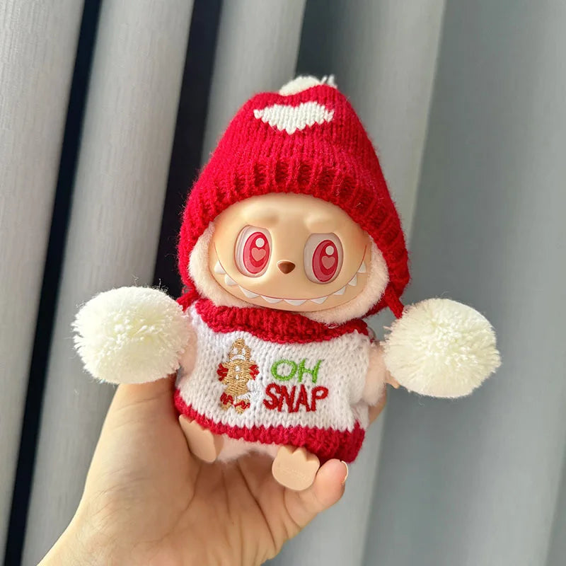 Handmade red knit Christmas beanie and sweater set for Labubu - embroidered tree and pom poms